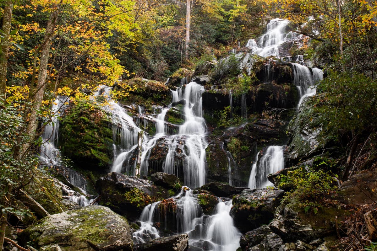 Golden autumn leaves frame Catawba Falls near Asheville, NC Golden autumn leaves frame Catawba Falls near Asheville, NC
