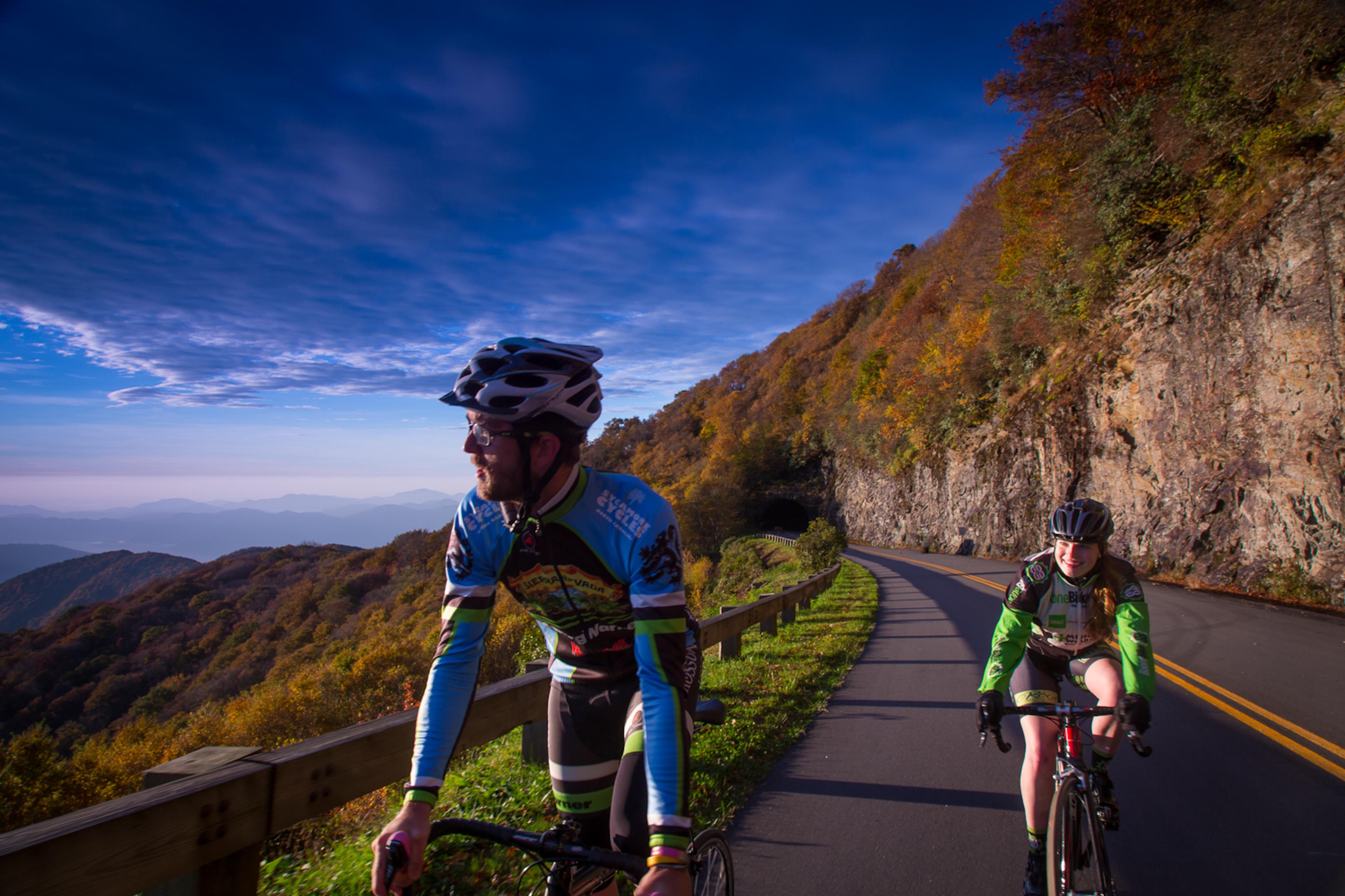 How To: Road Biking Adventures in Asheville Two cyclists ride the Blue Ridge Parkway in Asheville