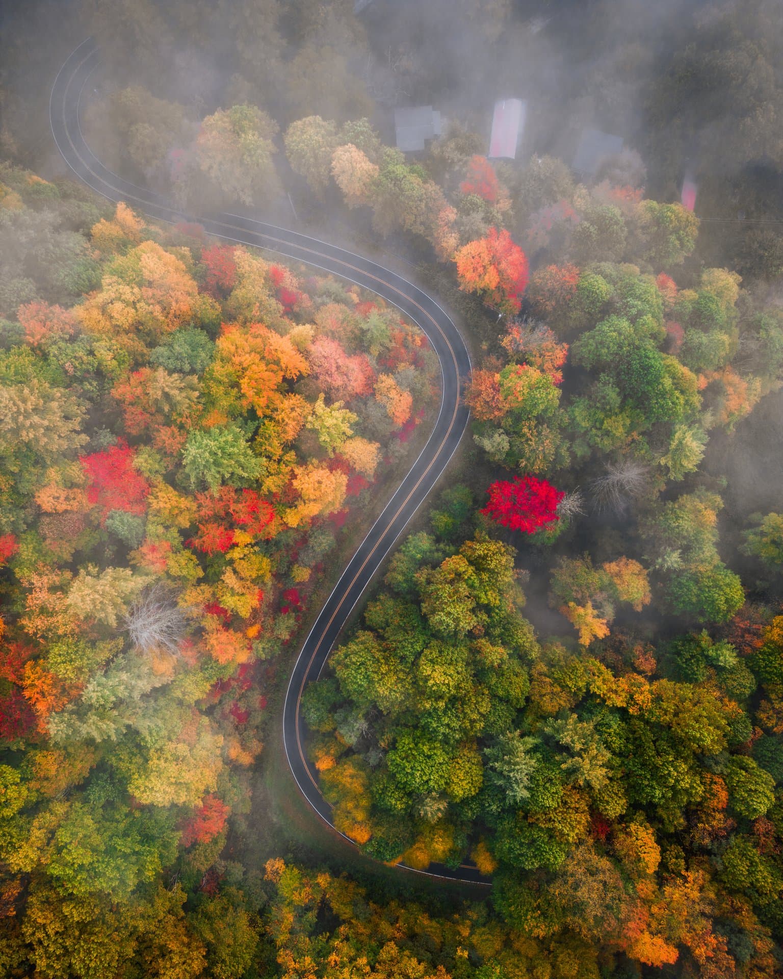 Aerial photo of a road through the Smoky Mountains in Fall Aerial photo of a road through the Smoky Mountains in Fall
