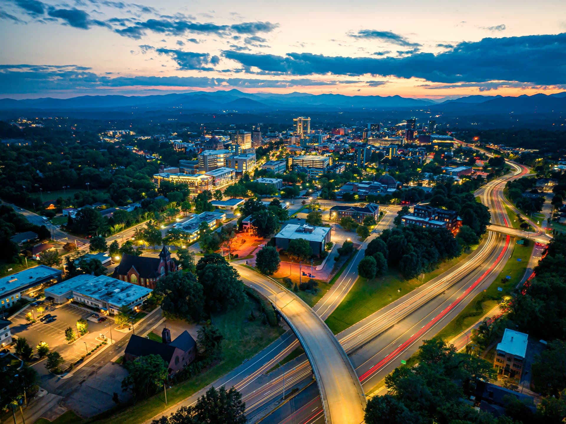 Explore Asheville Travel & Hospitality Internship Asheville at Night // Drone Photo by Andre Daugherty