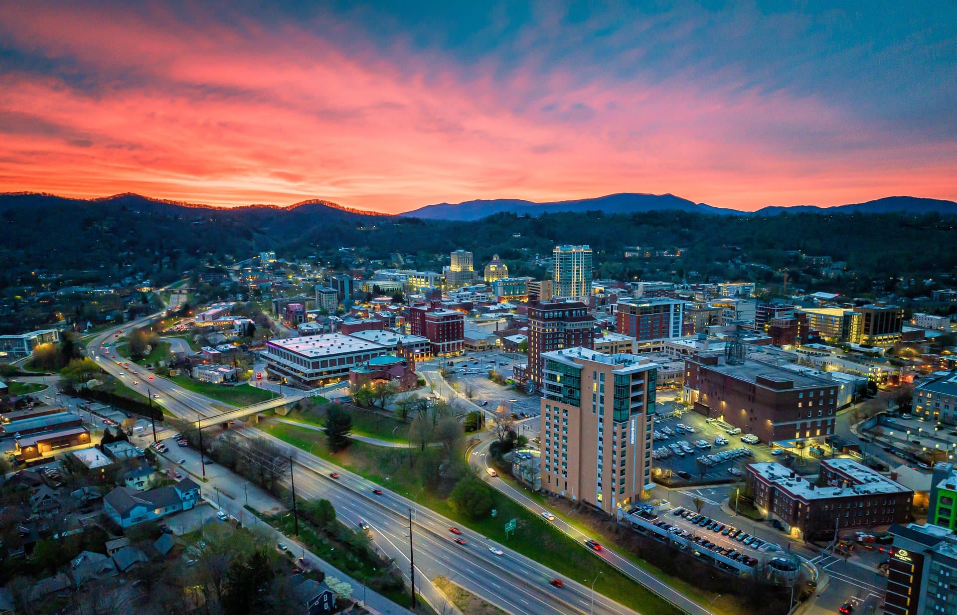 Downtown Asheville skyline at sunset Downtown Asheville skyline at sunset