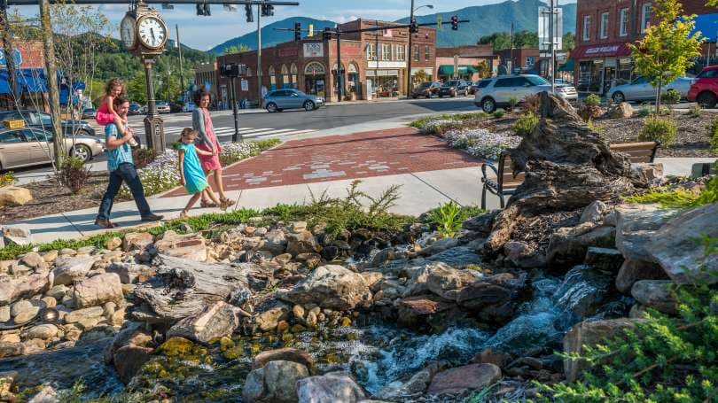 A family walks in downtown Black Mountain, NC. A family walks in downtown Black Mountain, NC.